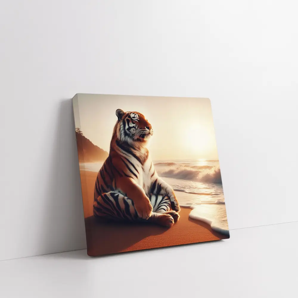 Tiger Sitting on Beach at Sunset – Wall Art
