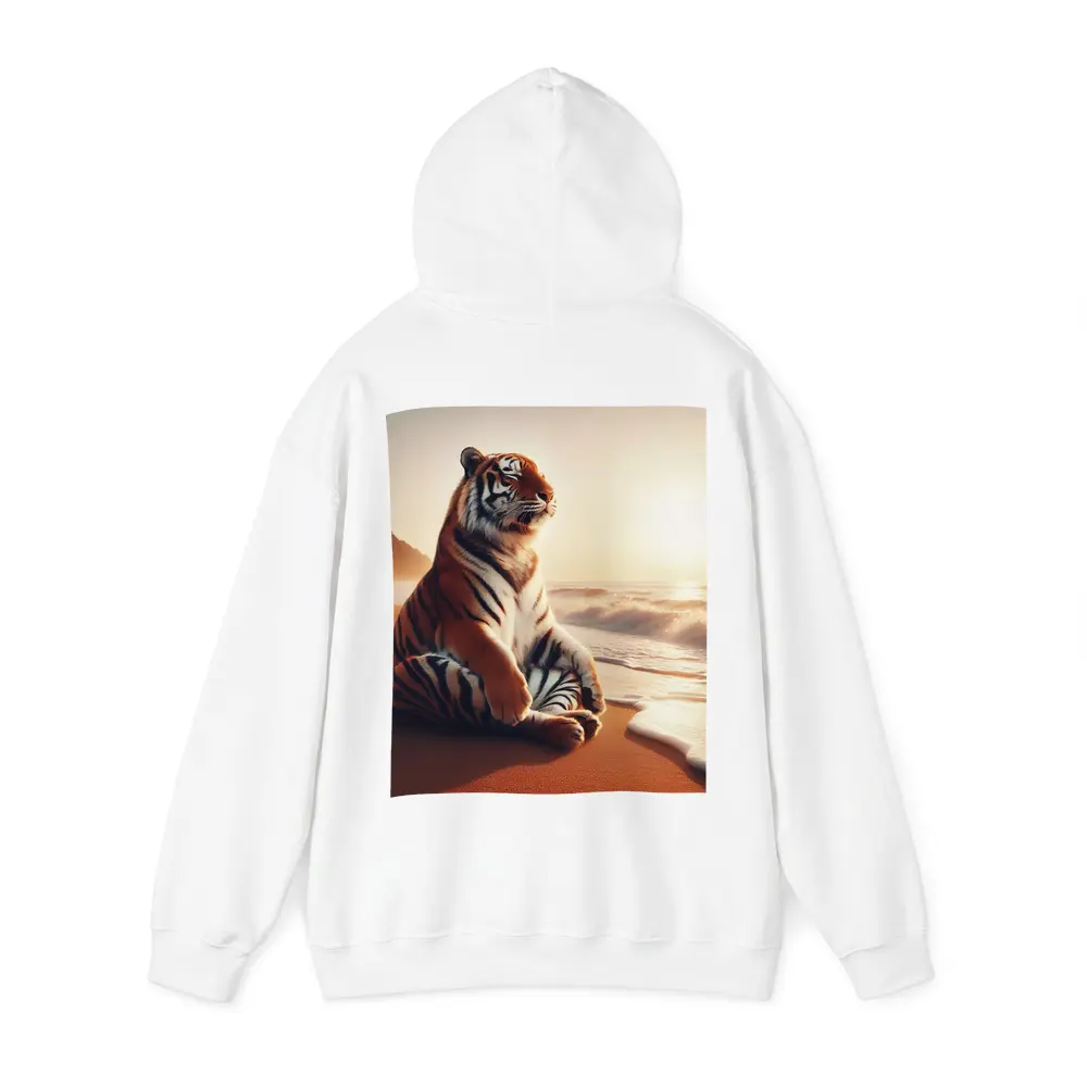 Tiger Sitting on Beach at Sunset – Hoodies