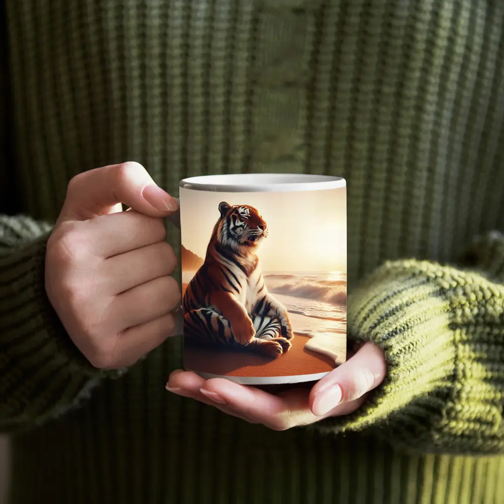 Tiger Sitting on Beach at Sunset – Mugs