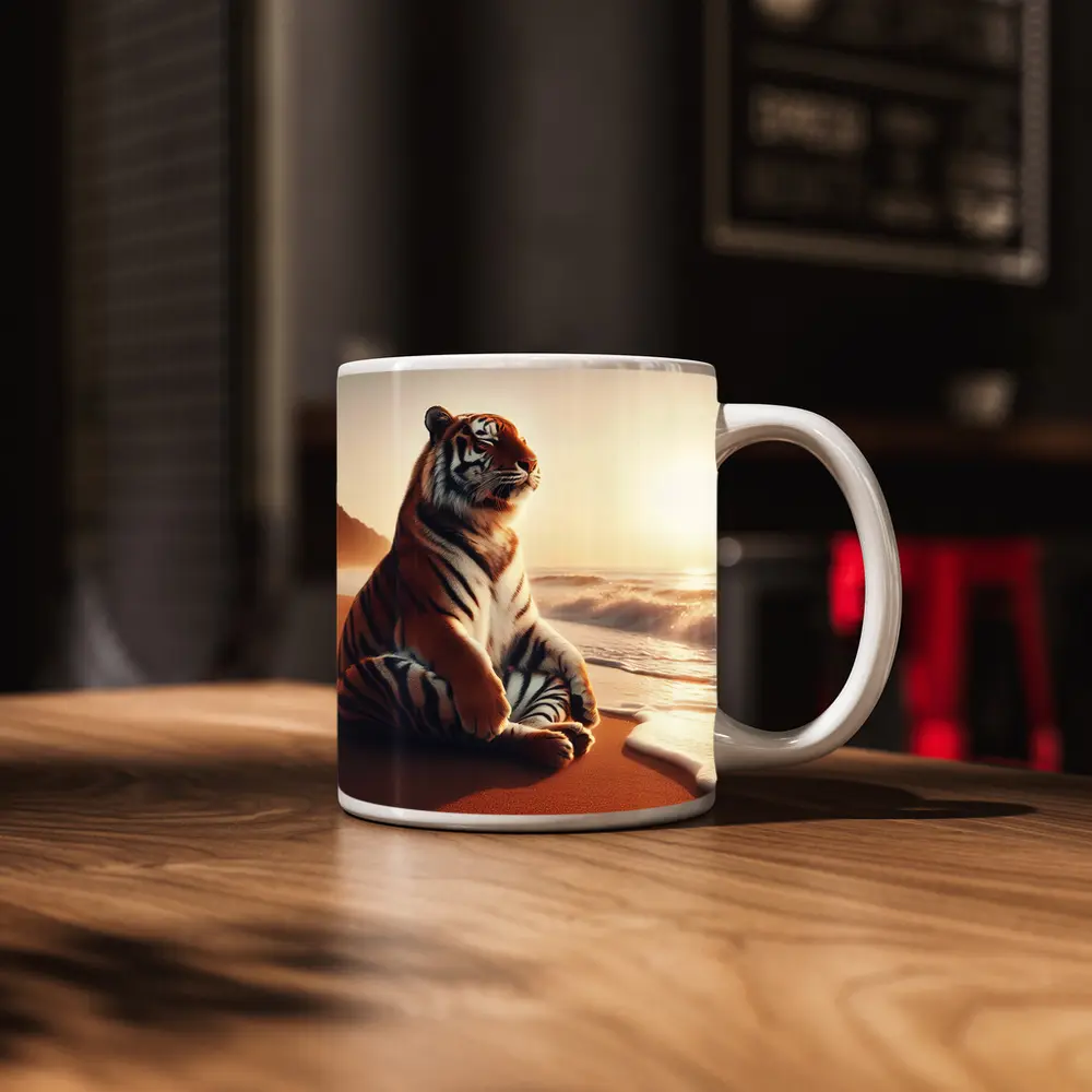 Tiger Sitting on Beach at Sunset – Mugs