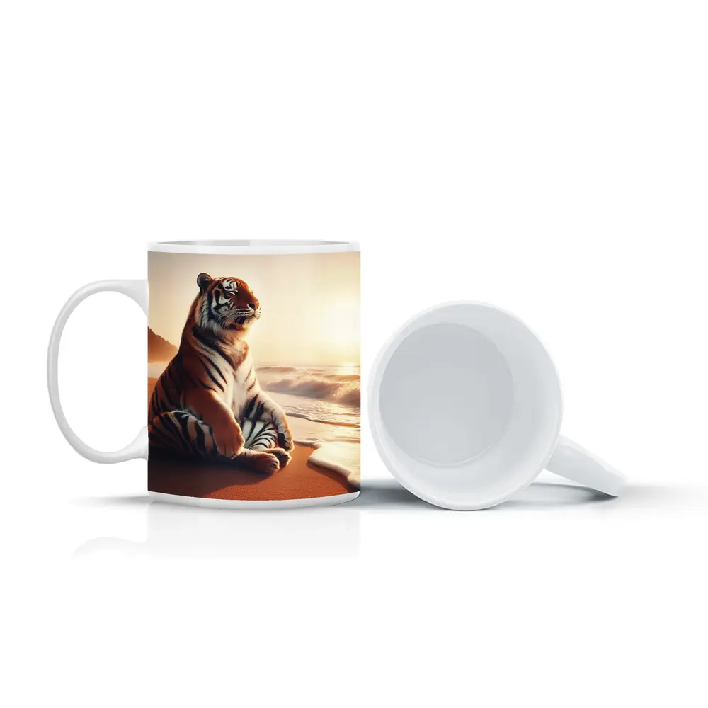 Tiger Sitting on Beach at Sunset – Mugs