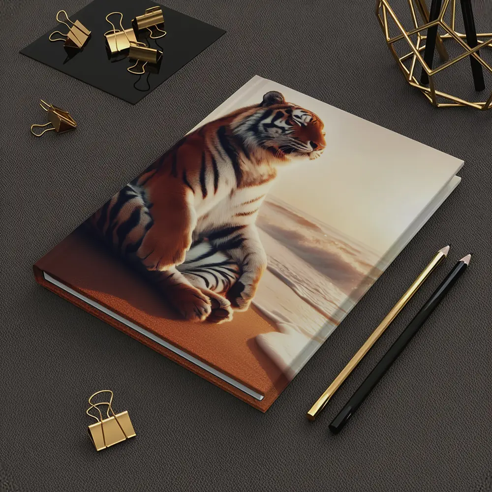 Tiger Sitting on Beach at Sunset – Notebooks
