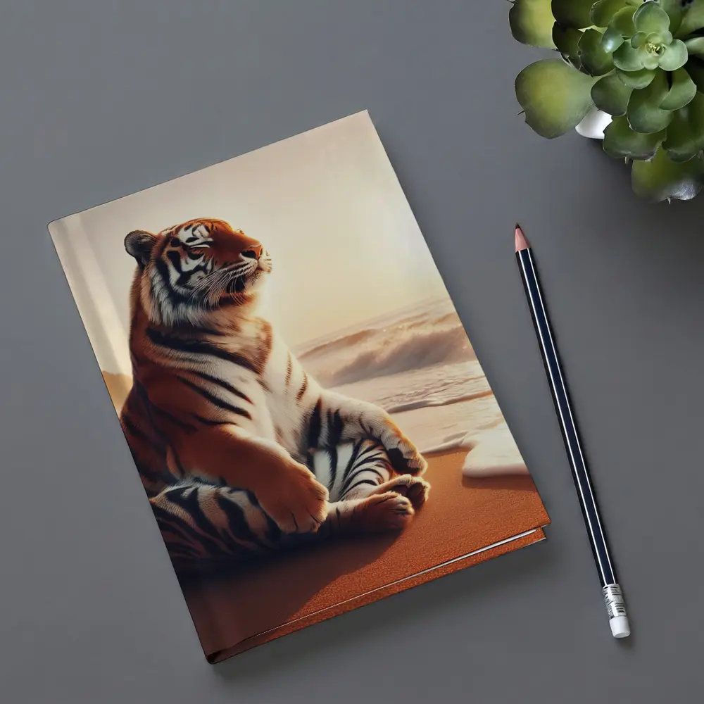 Tiger Sitting on Beach at Sunset – Notebooks