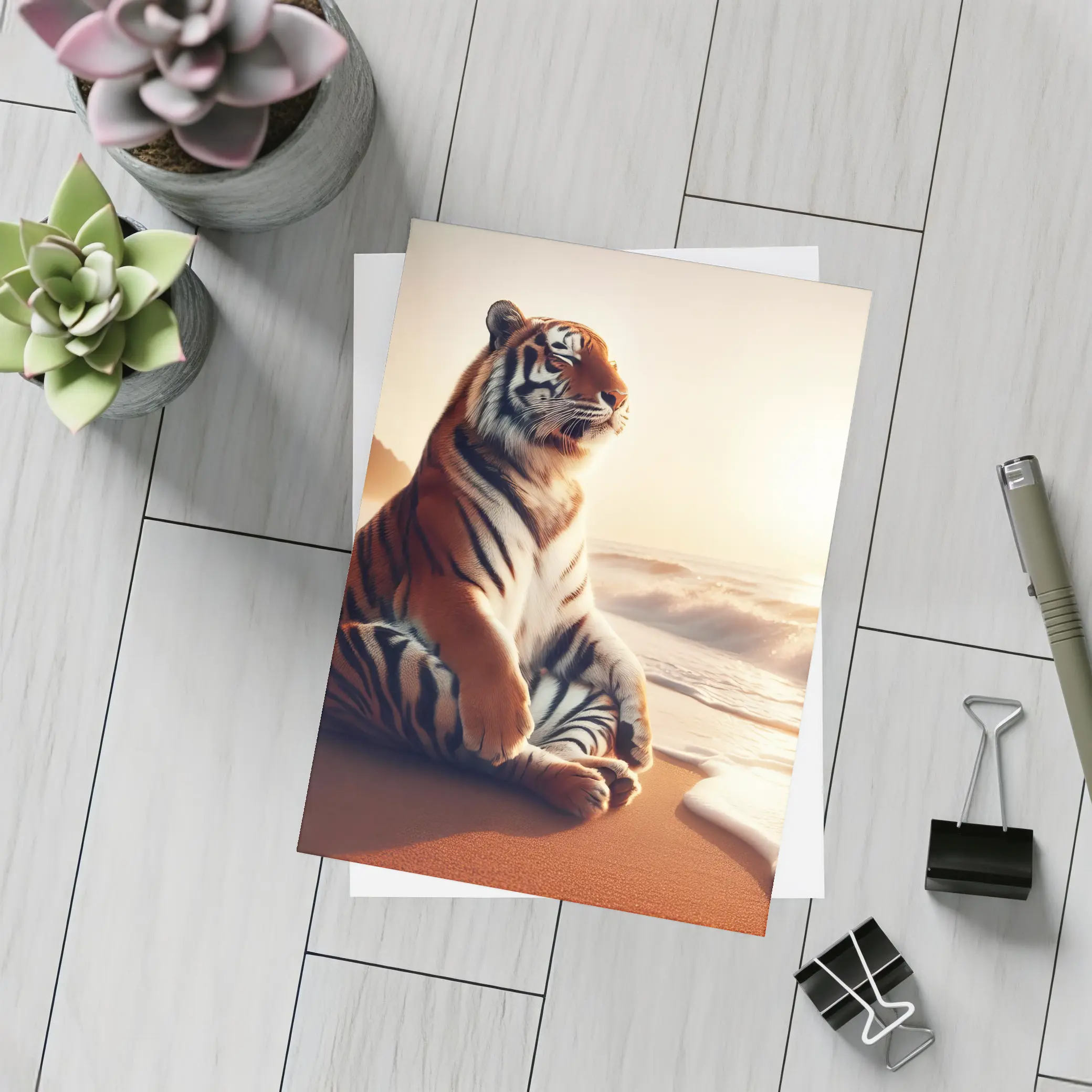 Tiger Sitting on Beach at Sunset – Postcards