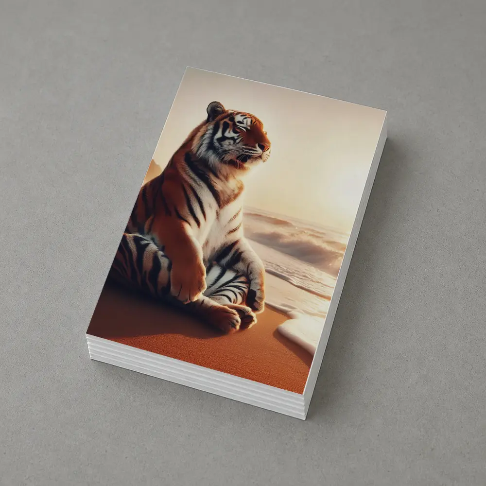 Tiger Sitting on Beach at Sunset – Postcards