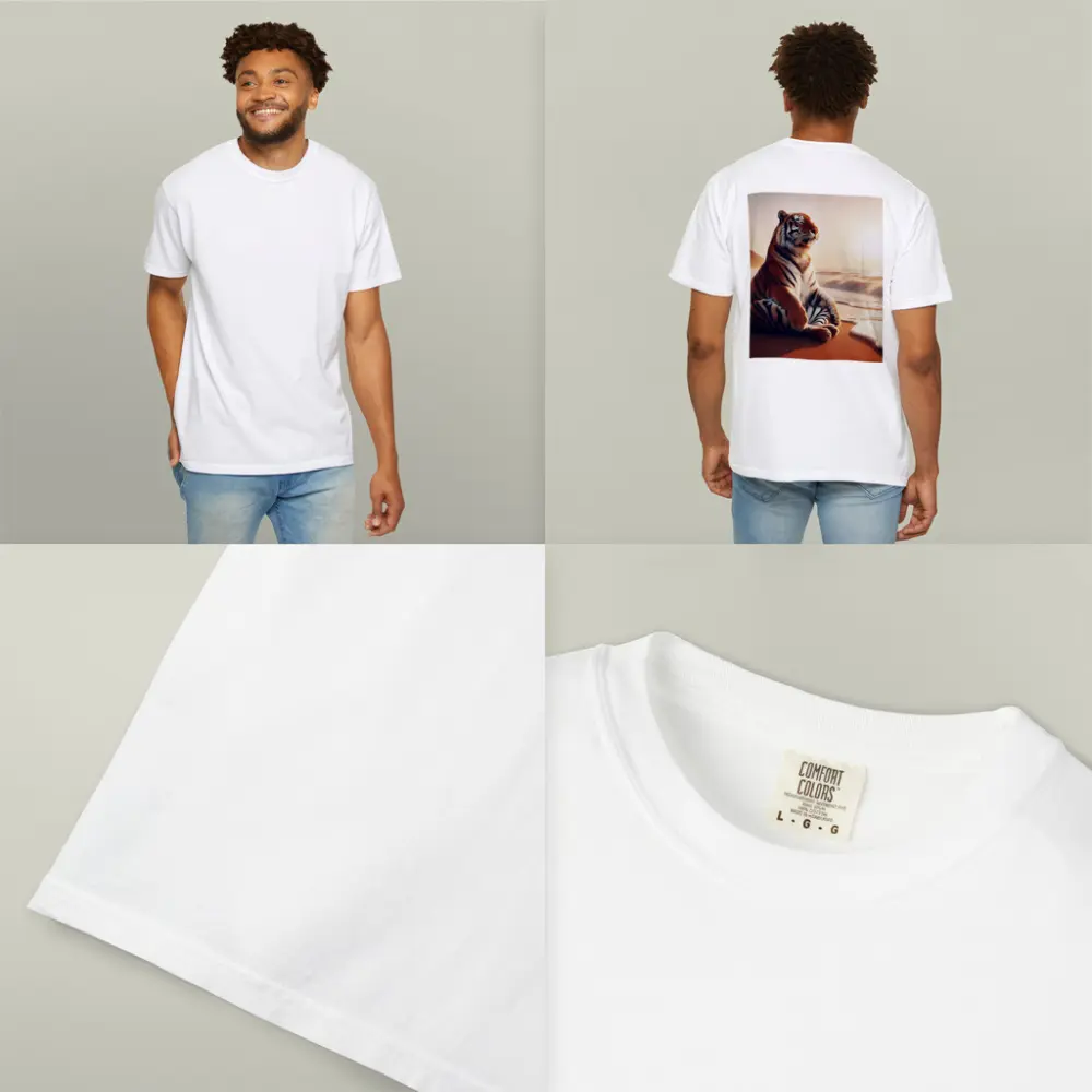 Tiger Sitting on Beach at Sunset – T-Shirts