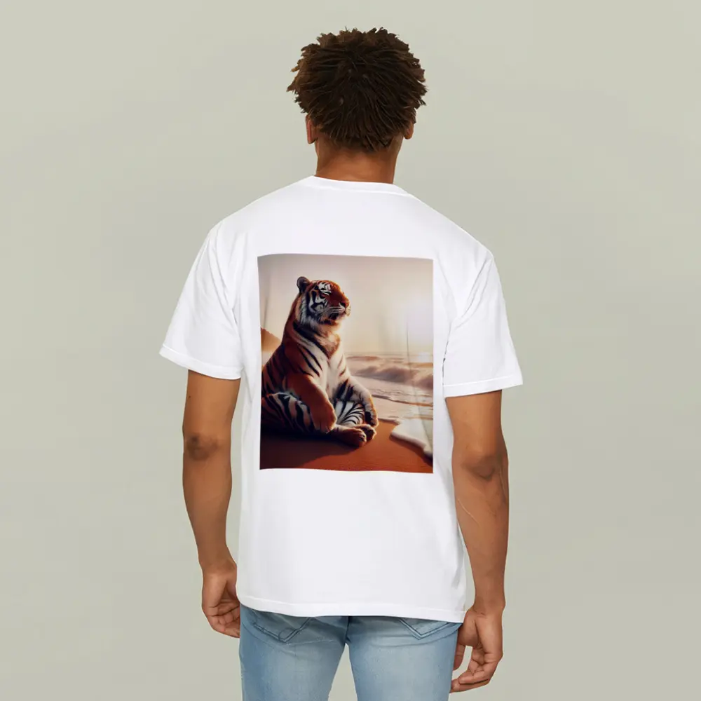 Tiger Sitting on Beach at Sunset – T-Shirts