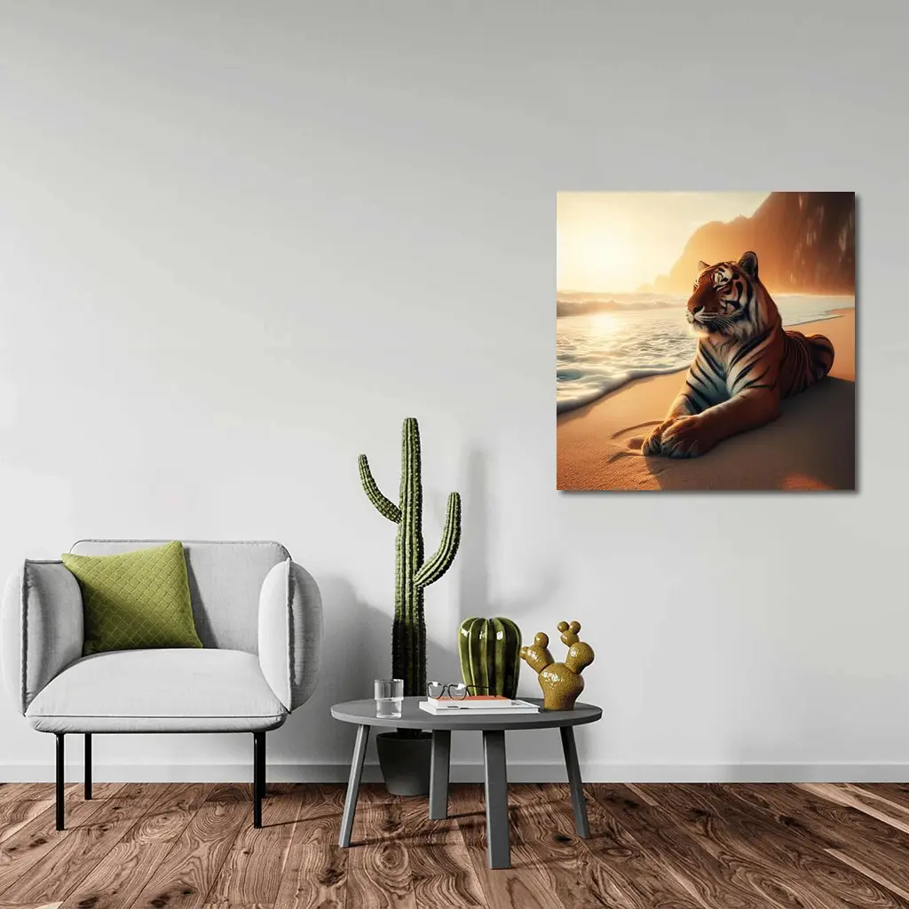 Tiger Resting On Sandy Beach At Sunset – Wall Art