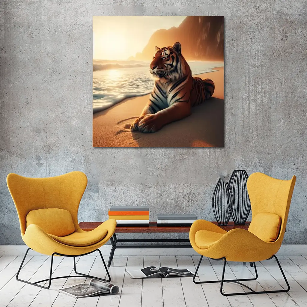 Tiger Resting On Sandy Beach At Sunset – Wall Art