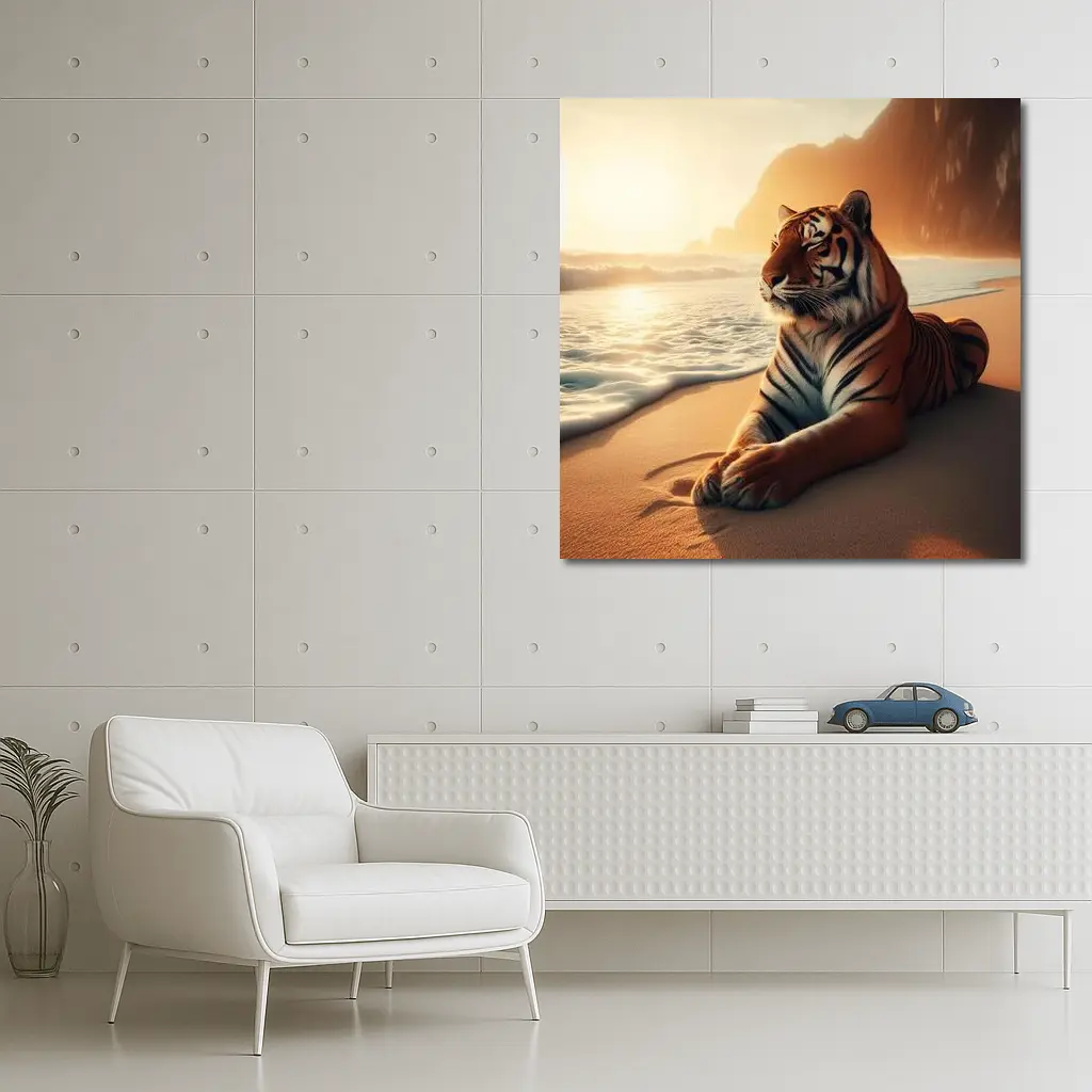 Tiger Resting On Sandy Beach At Sunset – Wall Art