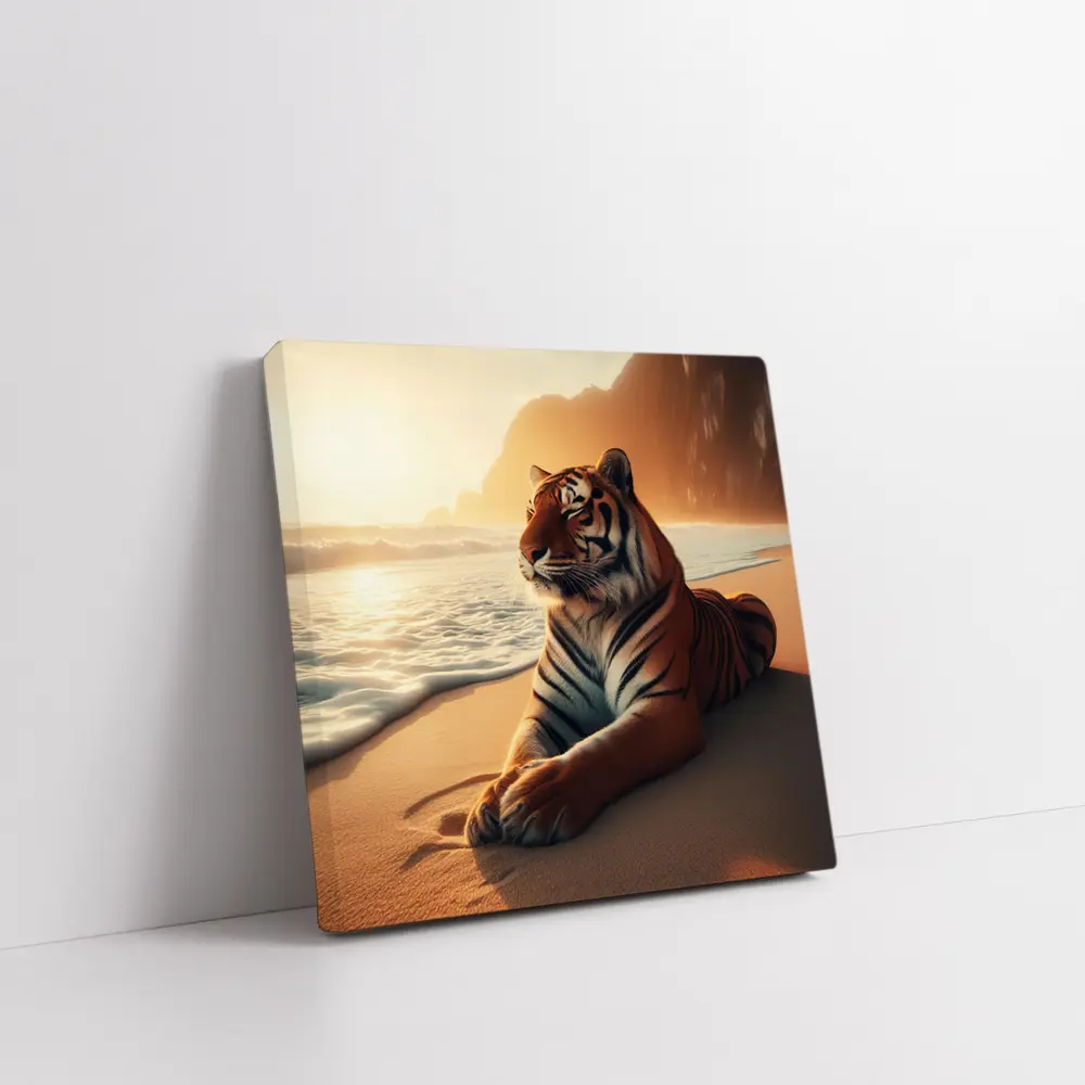 Tiger Resting On Sandy Beach At Sunset – Wall Art