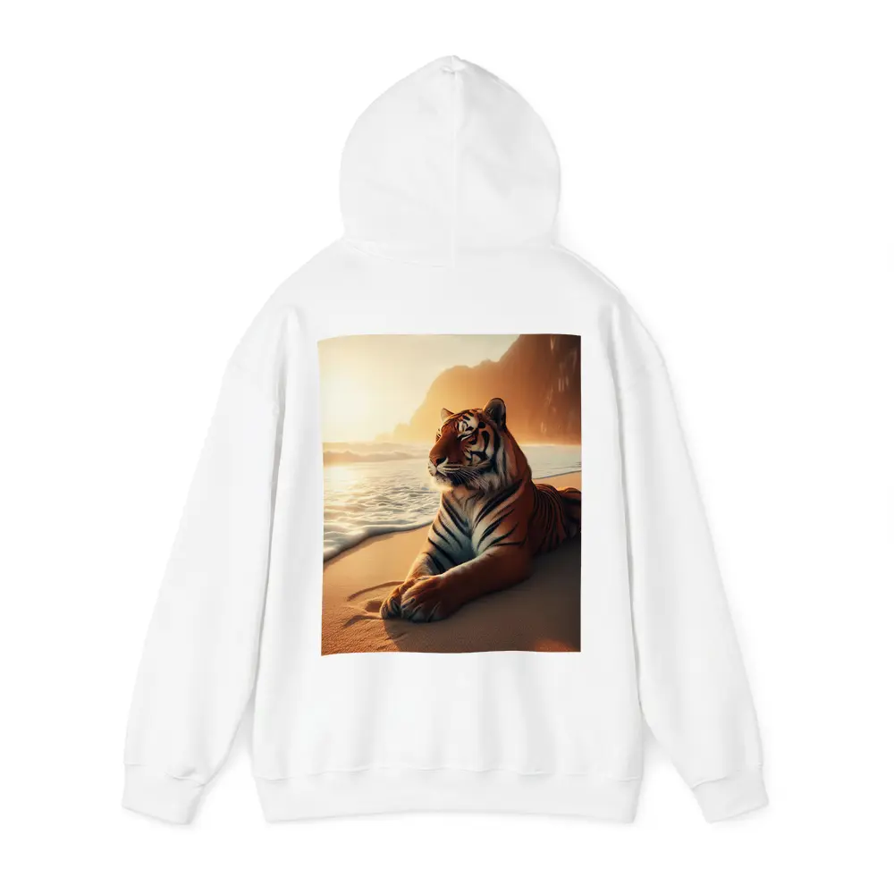 Tiger Resting On Sandy Beach At Sunset – Hoodies