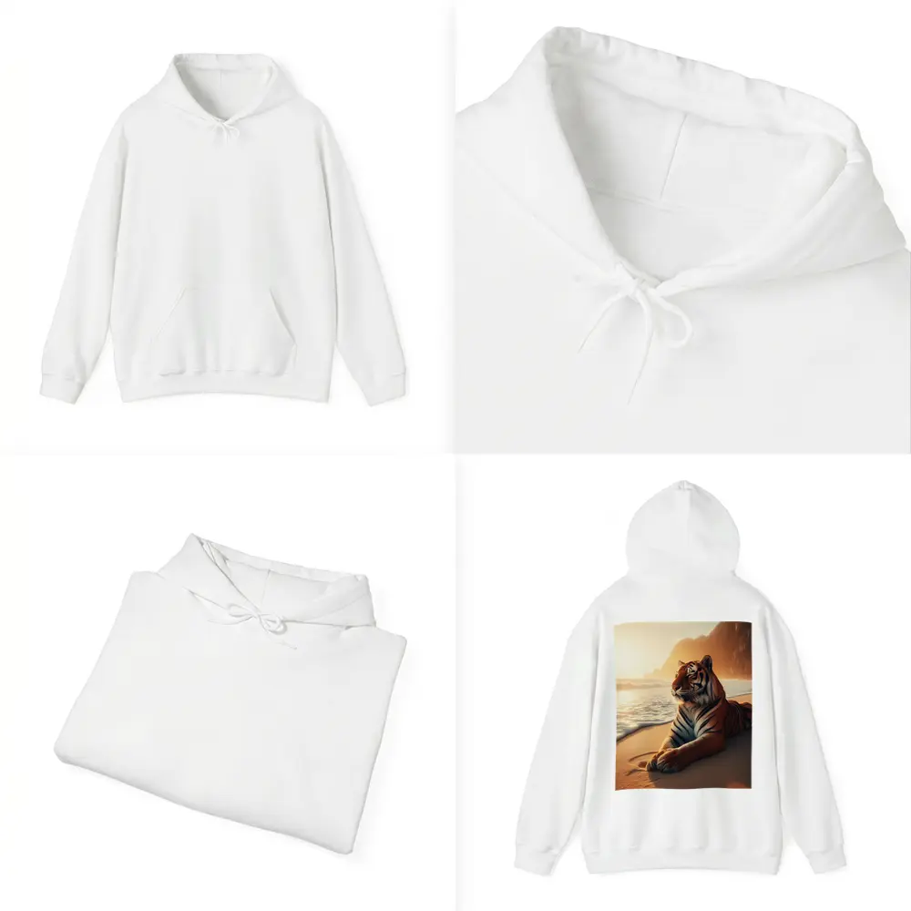 Tiger Resting On Sandy Beach At Sunset – Hoodies