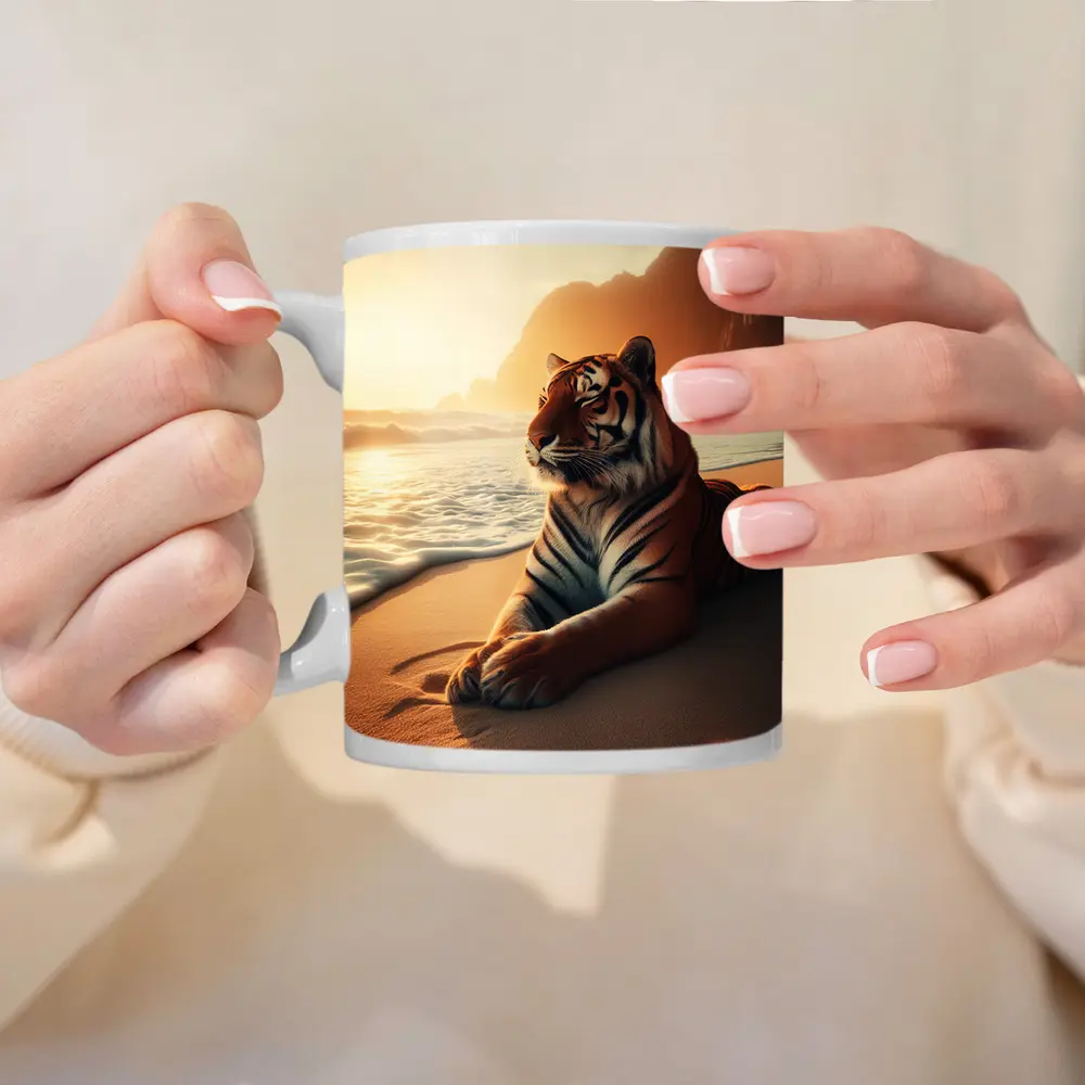 Tiger Resting On Sandy Beach At Sunset – Mugs