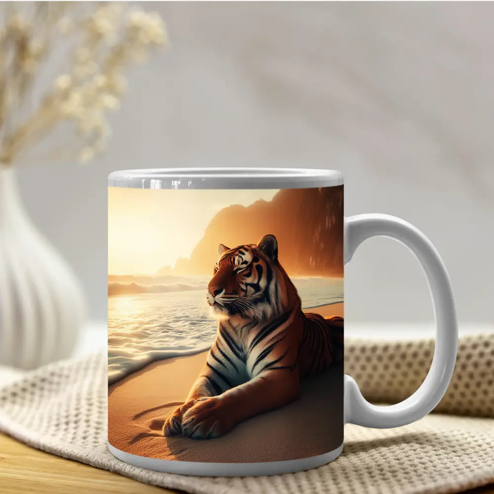 Tiger Resting On Sandy Beach At Sunset – Mugs