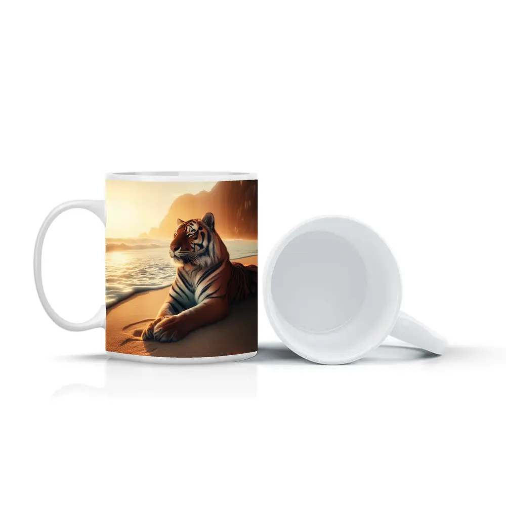 Tiger Resting On Sandy Beach At Sunset – Mugs