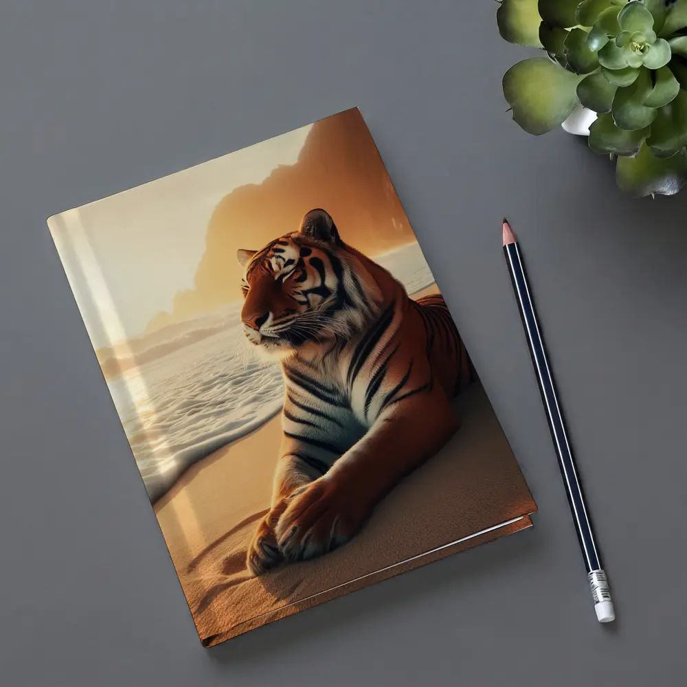 Tiger Resting On Sandy Beach At Sunset – Notebooks