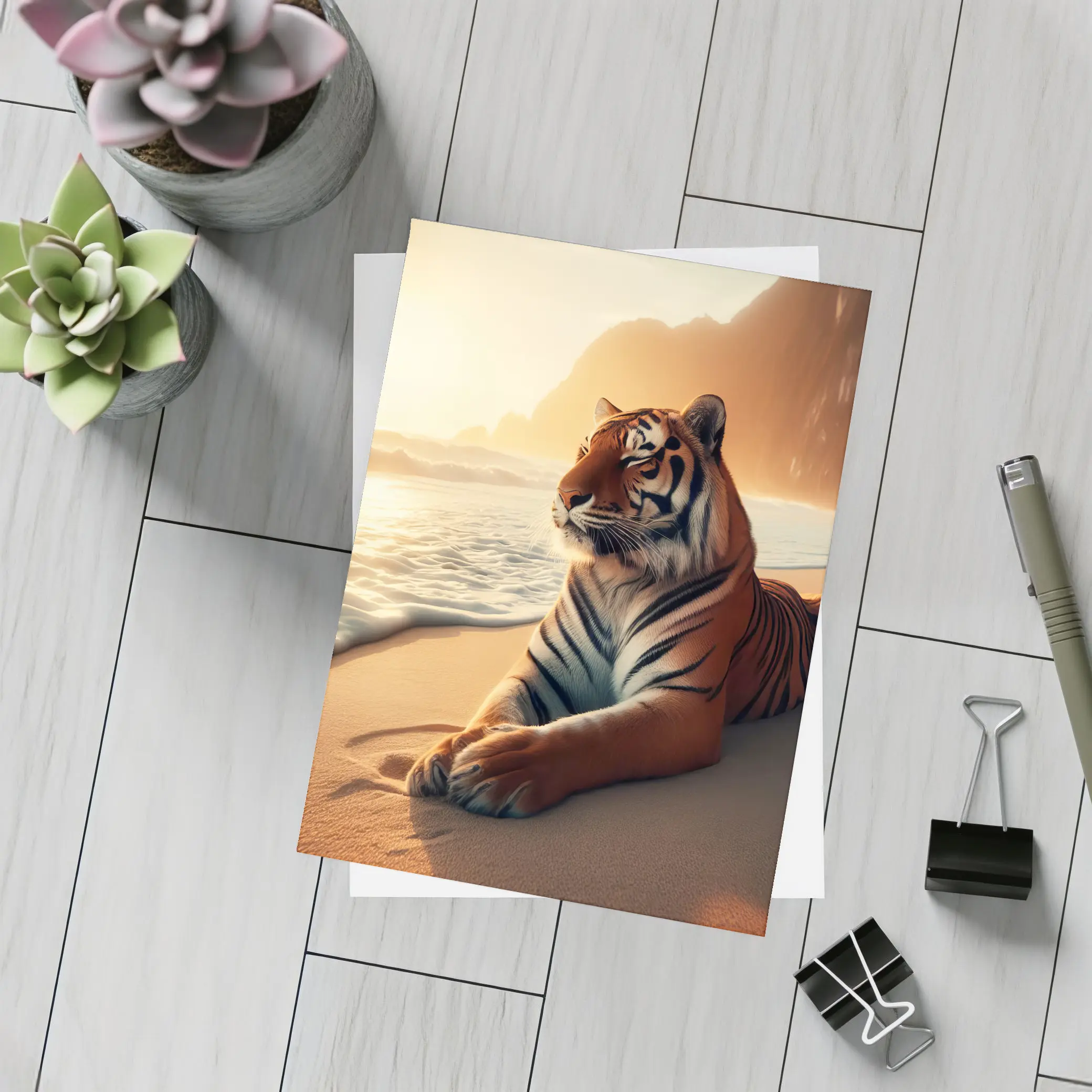 Tiger Resting On Sandy Beach At Sunset – Postcards