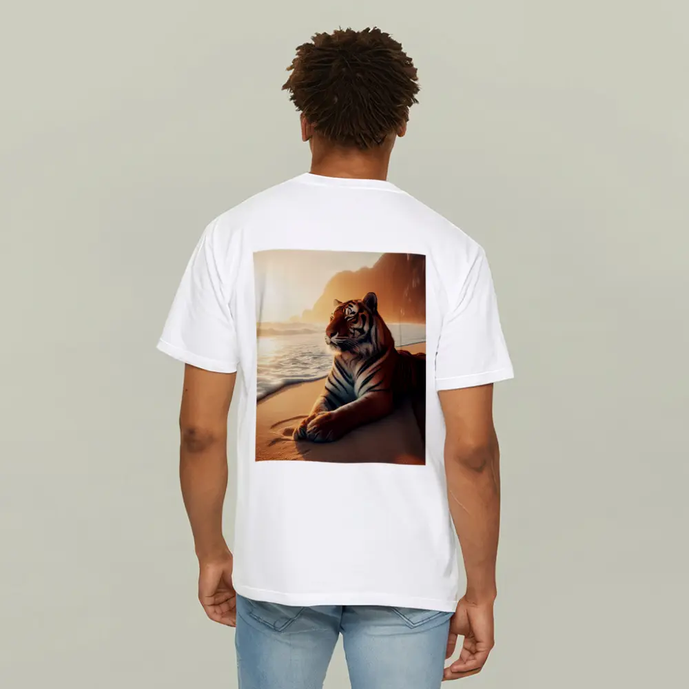 Tiger Resting On Sandy Beach At Sunset – T-Shirts