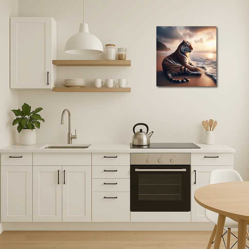 Tiger Resting On Sandy Beach At Sunset – Wall Art