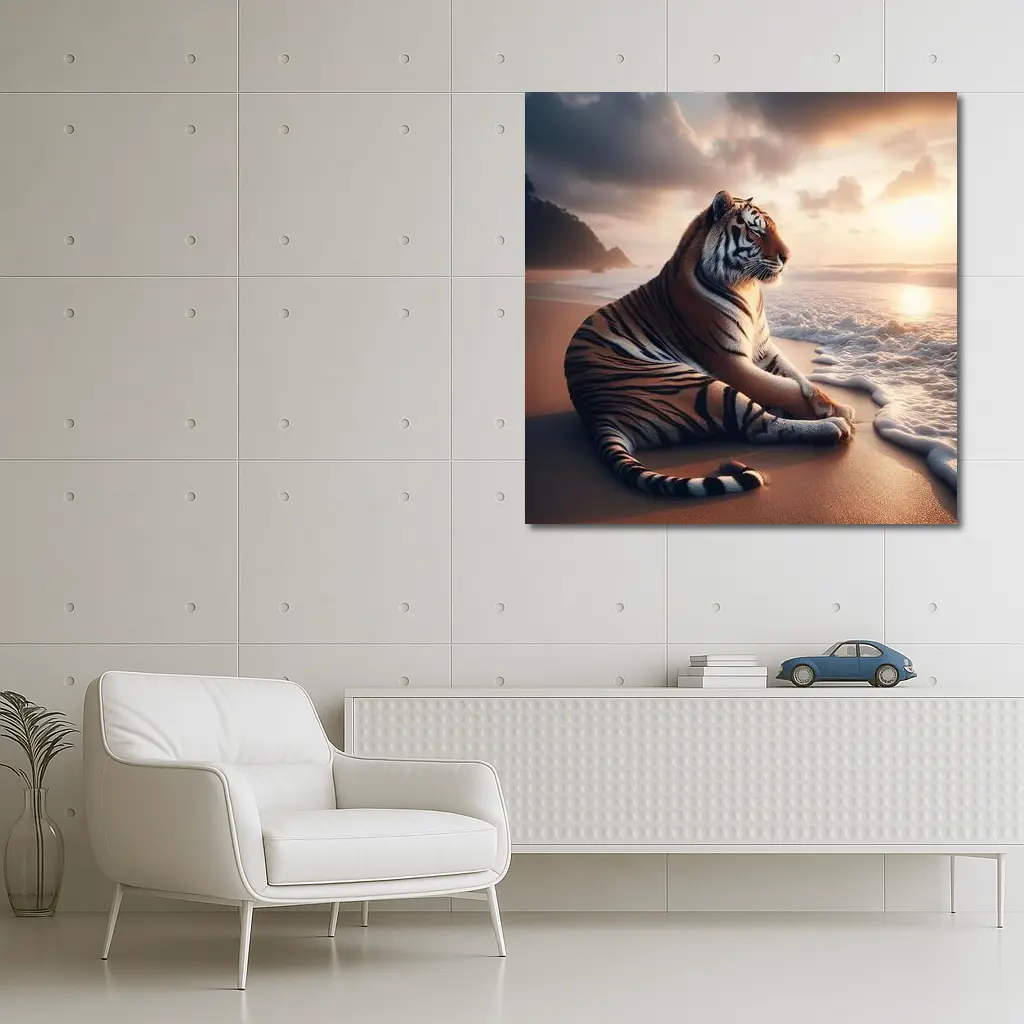 Tiger Resting On Sandy Beach At Sunset – Wall Art