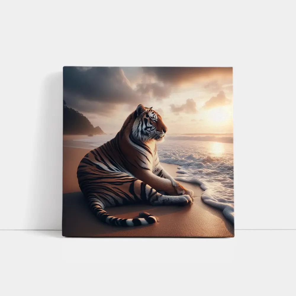 Tiger Resting On Sandy Beach At Sunset – Wall Art