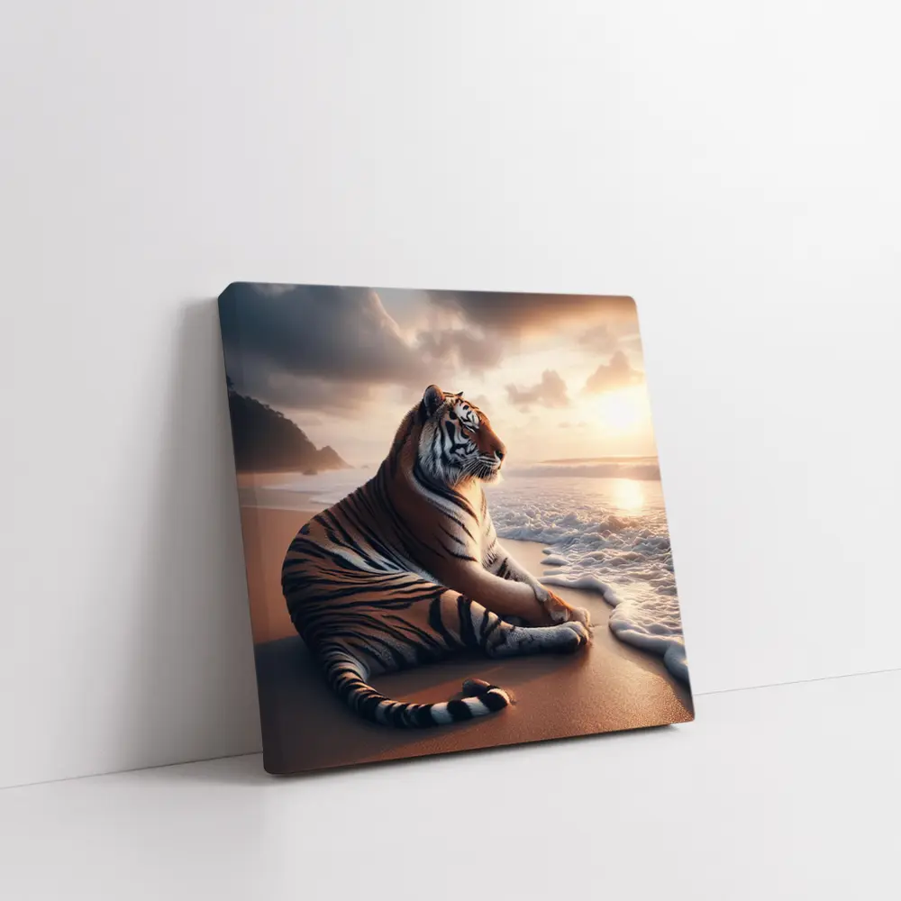 Tiger Resting On Sandy Beach At Sunset – Wall Art