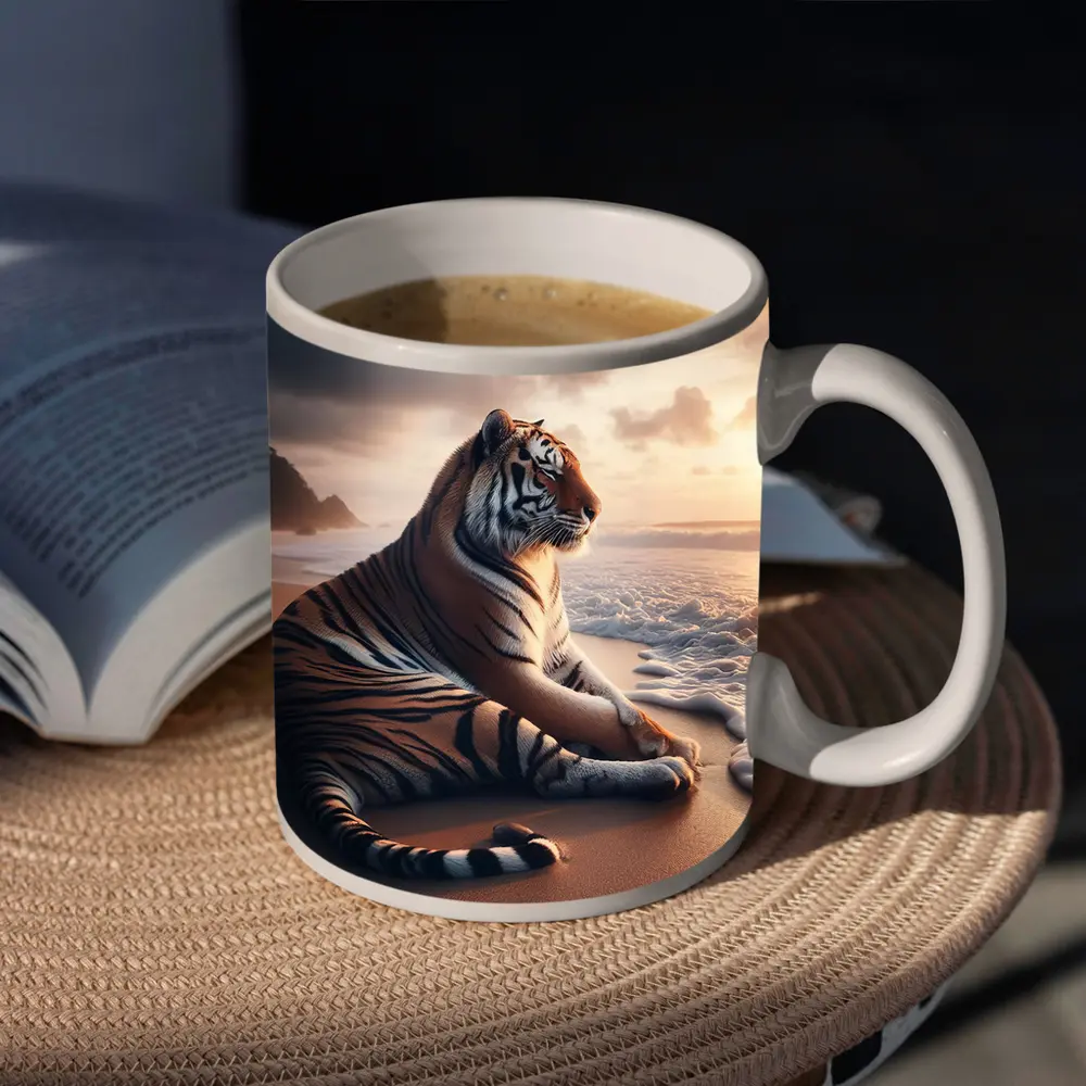 Tiger Resting On Sandy Beach At Sunset – Mugs