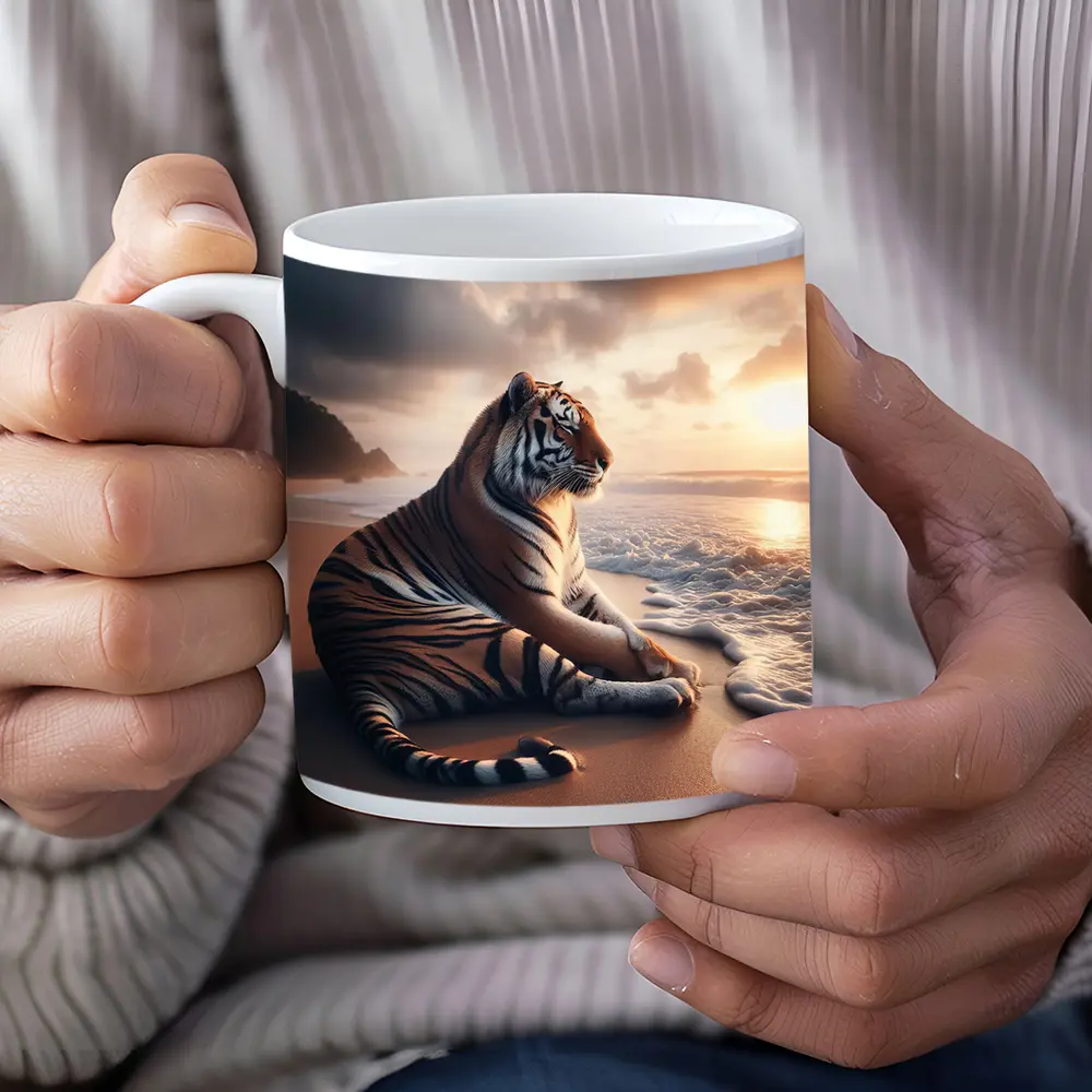 Tiger Resting On Sandy Beach At Sunset – Mugs