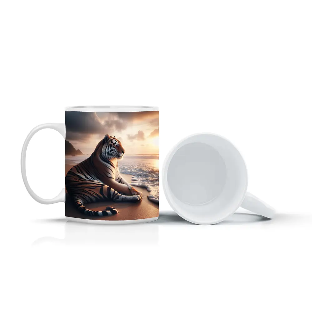 Tiger Resting On Sandy Beach At Sunset – Mugs