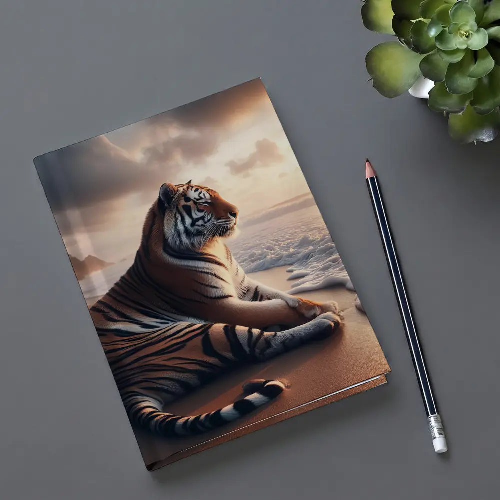 Tiger Resting On Sandy Beach At Sunset – Notebooks