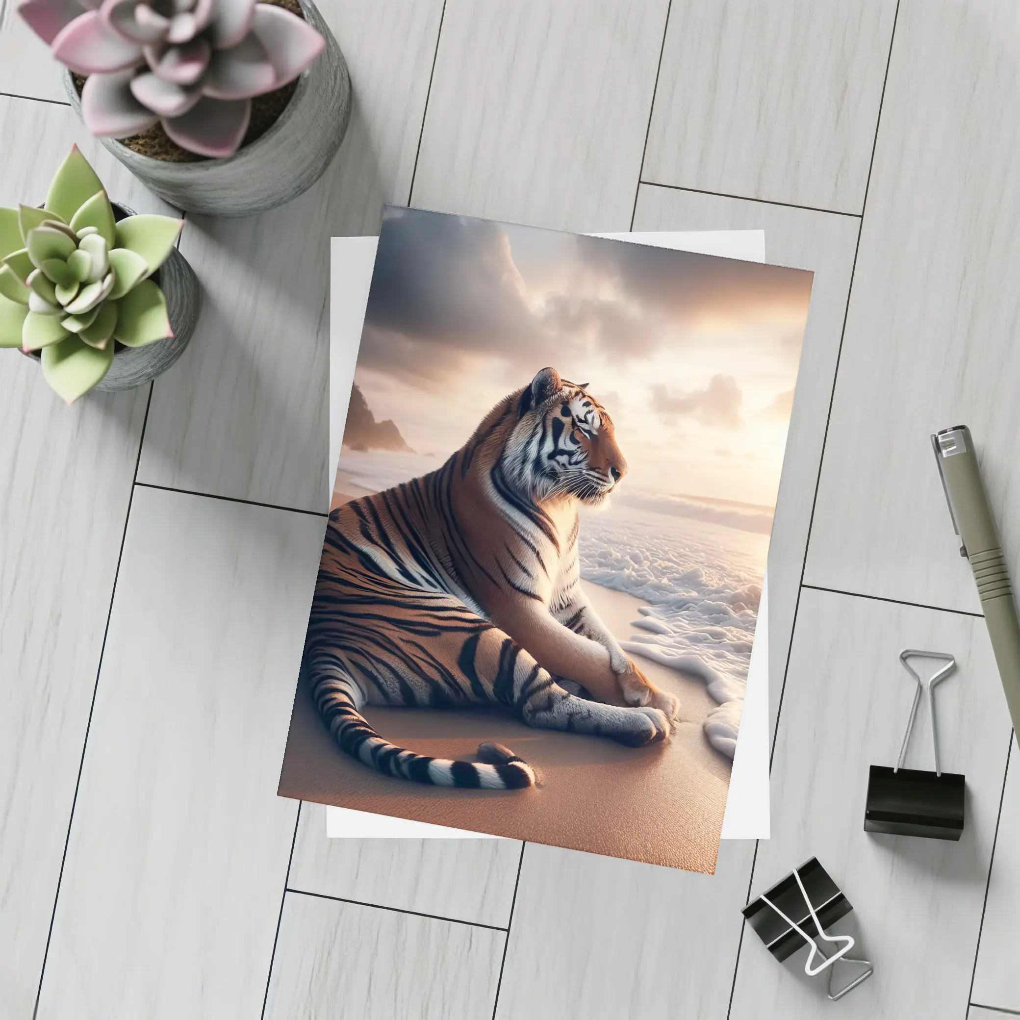 Tiger Resting On Sandy Beach At Sunset – Postcards