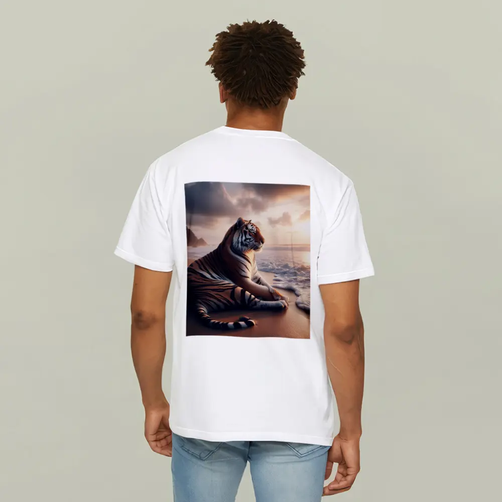 Tiger Resting On Sandy Beach At Sunset – T-Shirts