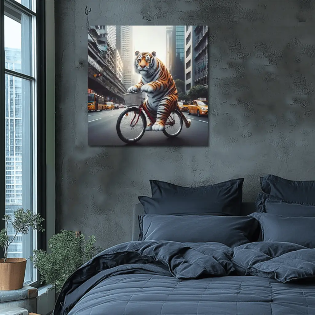 Tiger Riding Bicycle Through City Streets – Wall Art