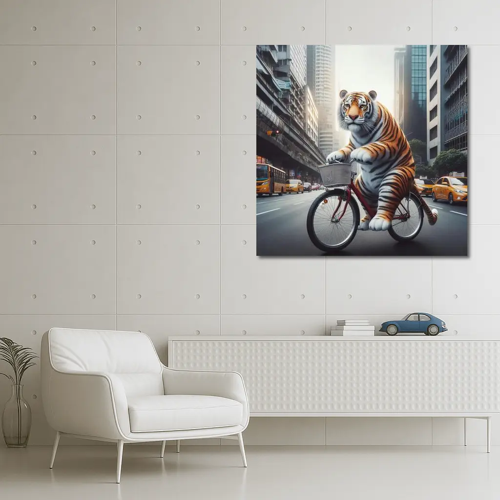 Tiger Riding Bicycle Through City Streets – Wall Art
