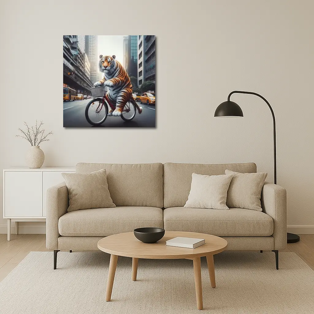 Tiger Riding Bicycle Through City Streets – Wall Art