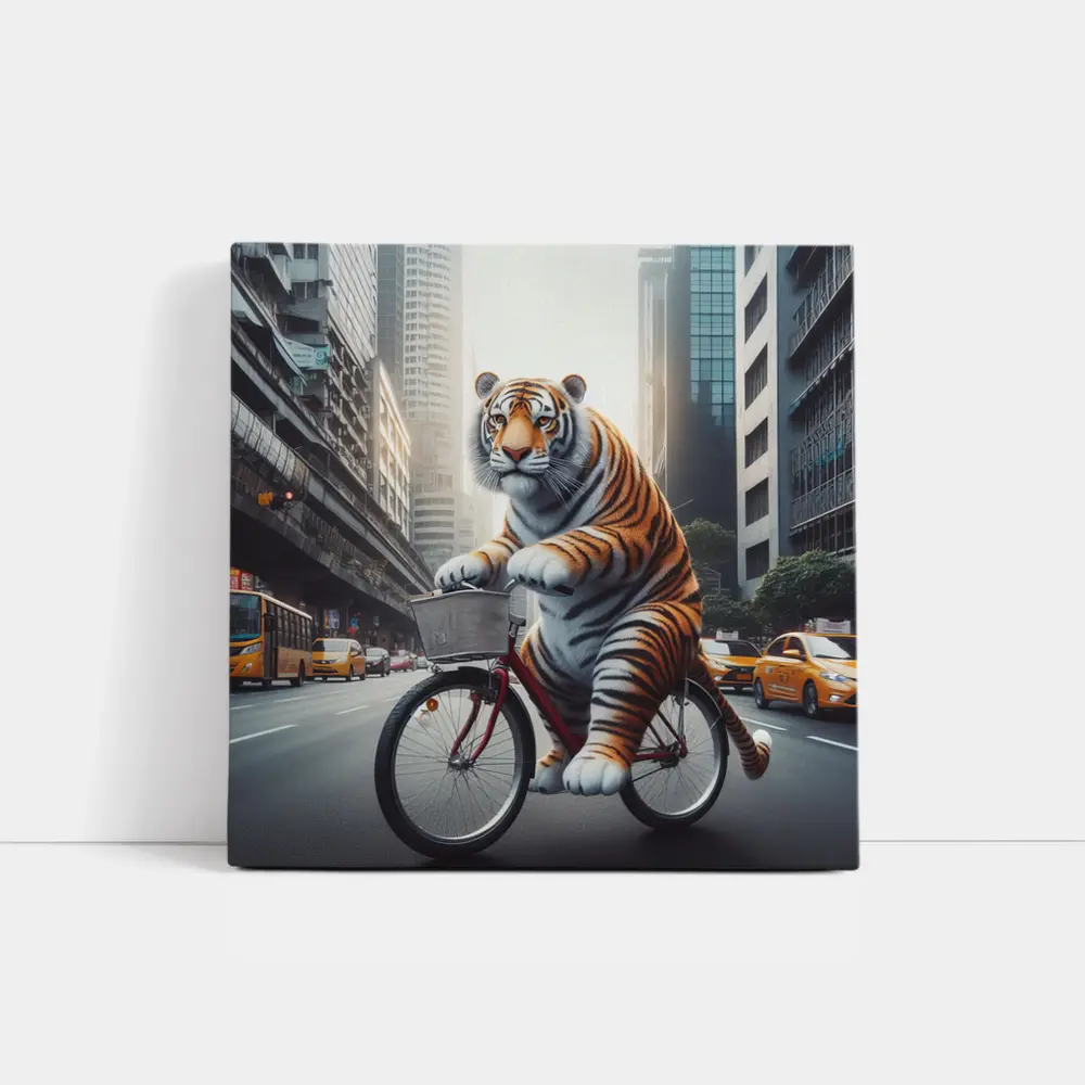 Tiger Riding Bicycle Through City Streets – Wall Art