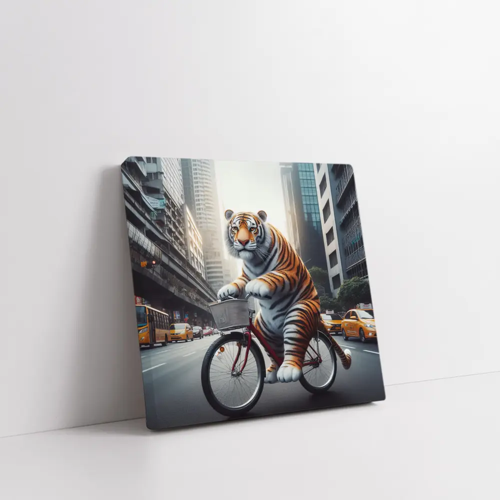 Tiger Riding Bicycle Through City Streets – Wall Art