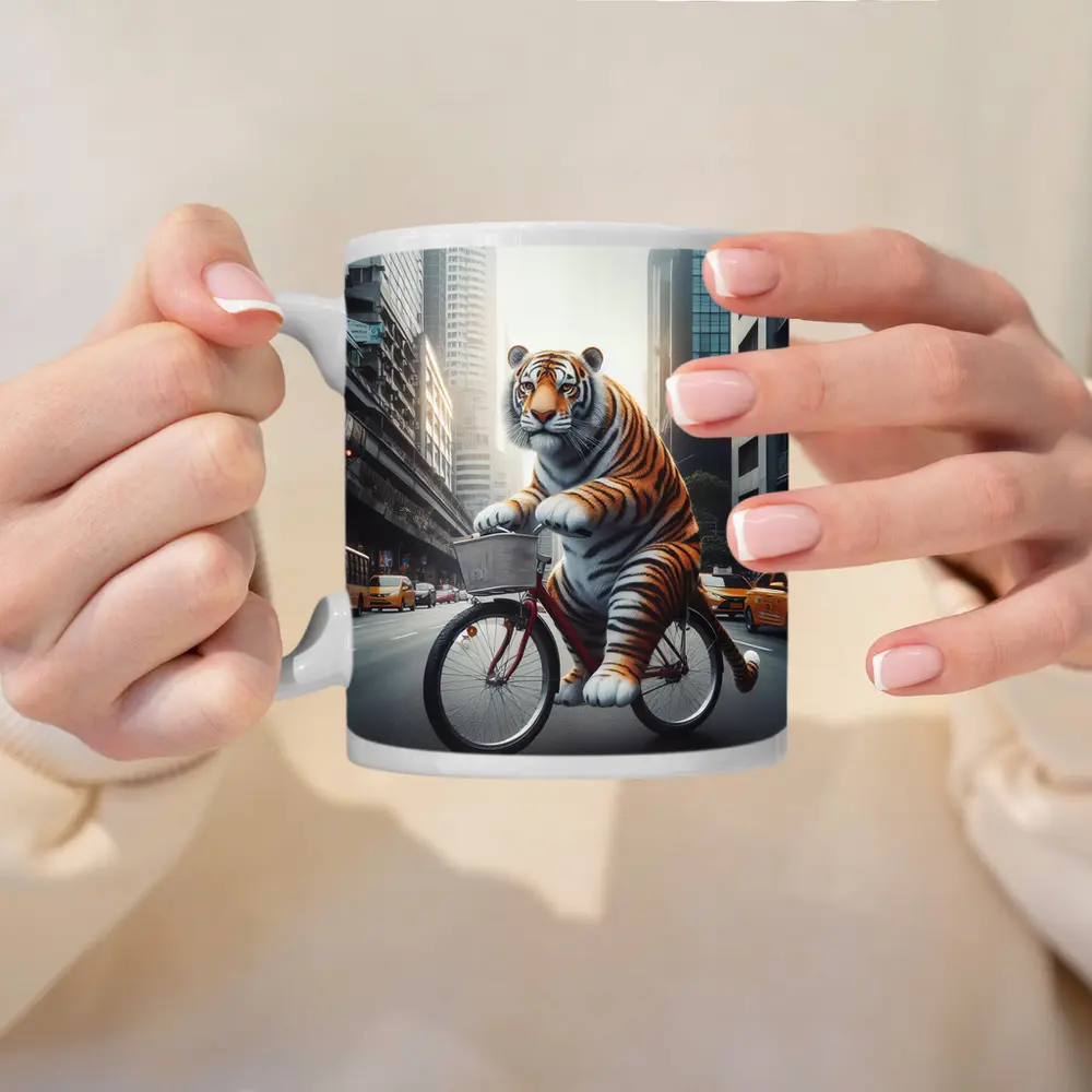 Tiger Riding Bicycle Through City Streets – Mugs