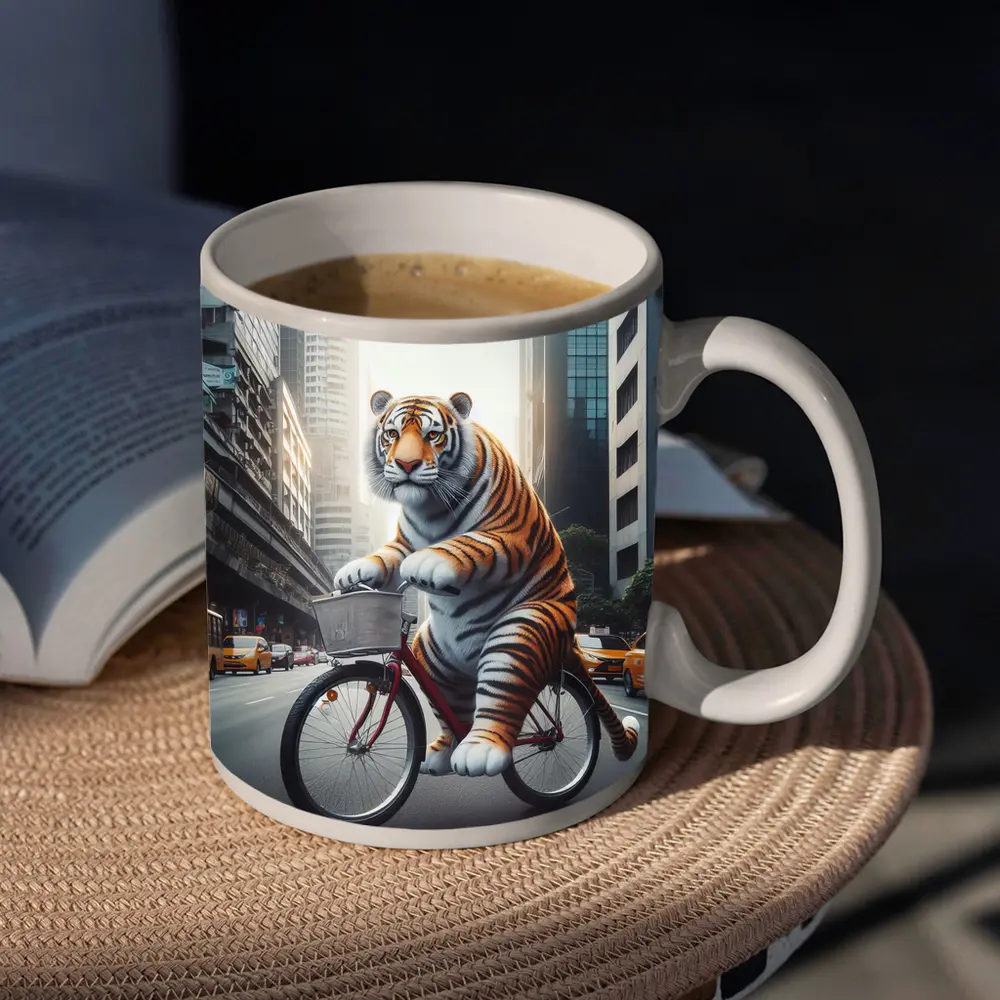 Tiger Riding Bicycle Through City Streets – Mugs