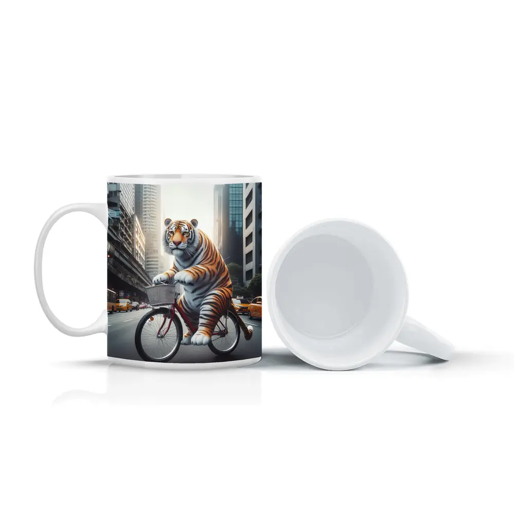 Tiger Riding Bicycle Through City Streets – Mugs