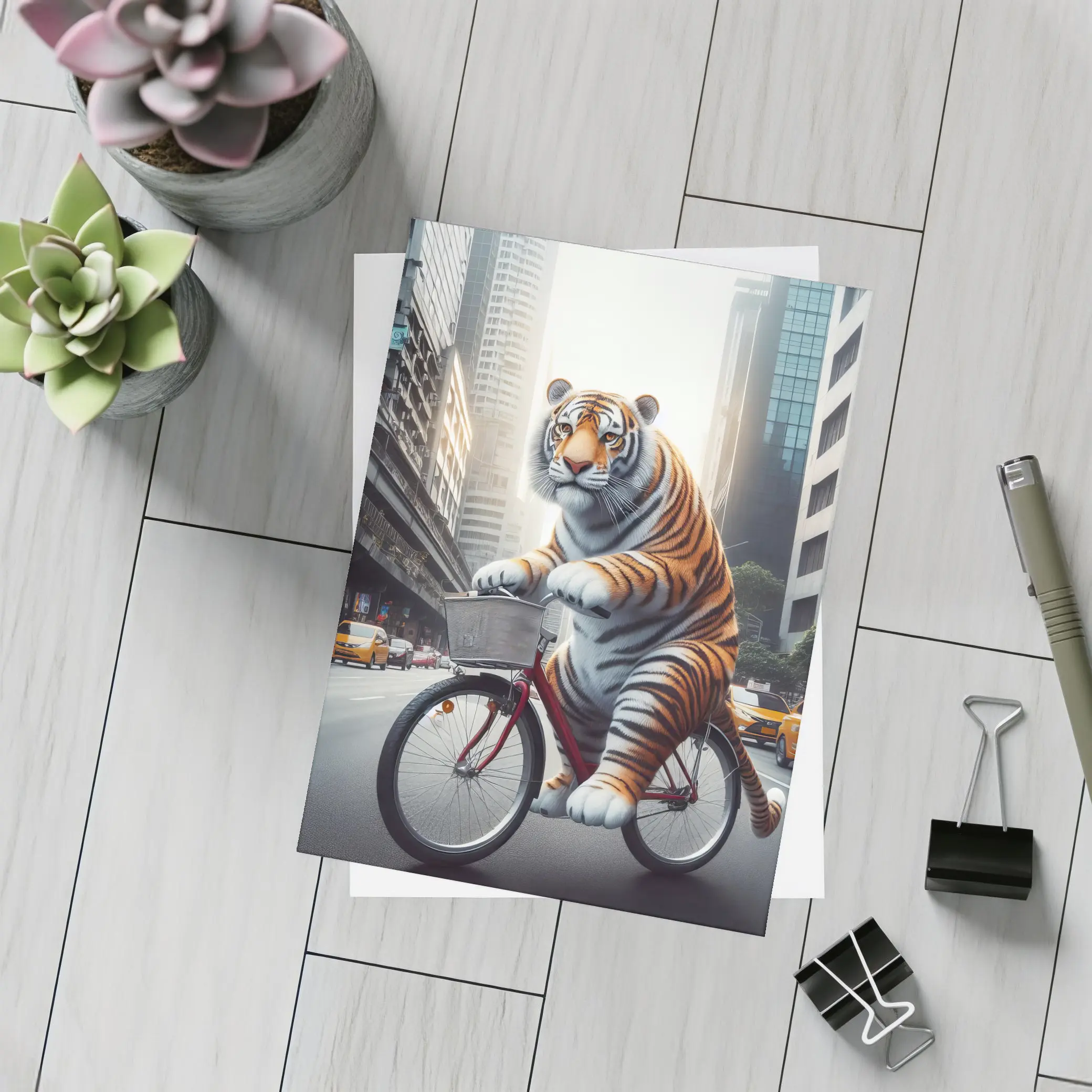 Tiger Riding Bicycle Through City Streets – Postcards