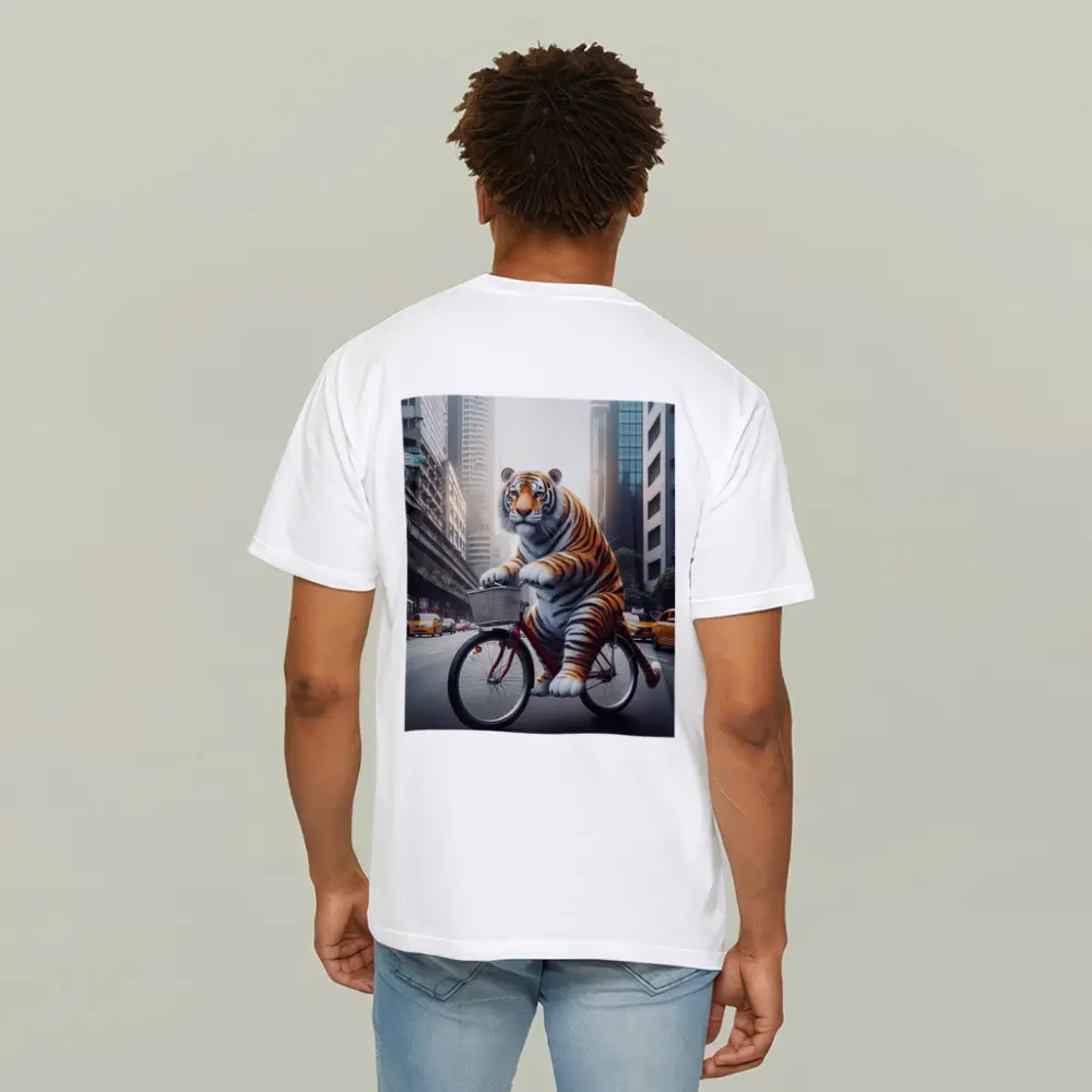 Tiger Riding Bicycle Through City Streets – T-Shirts