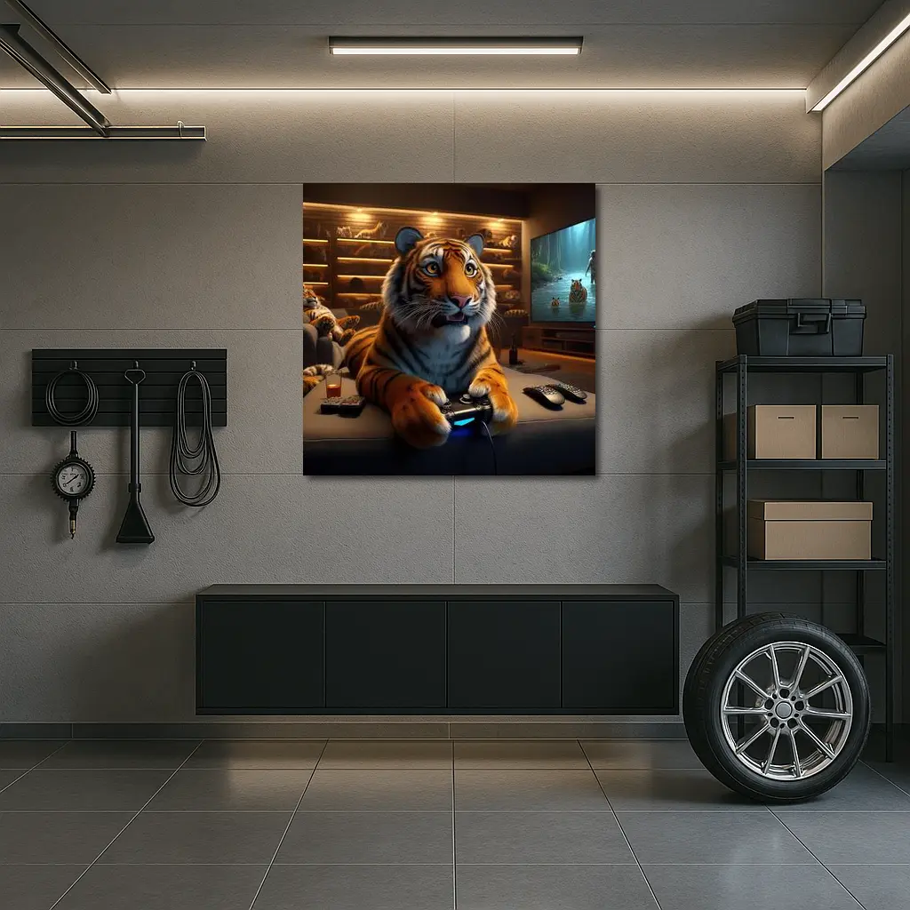 Tiger Gaming on Couch Cozy Room – Wall Art