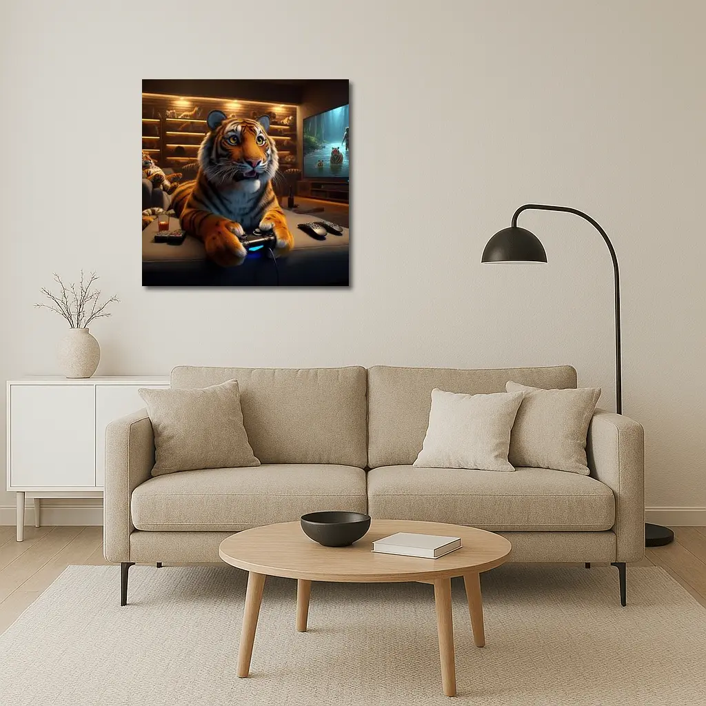 Tiger Gaming on Couch Cozy Room – Wall Art