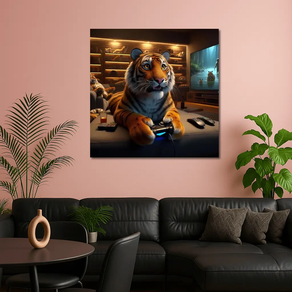 Tiger Gaming on Couch Cozy Room – Wall Art
