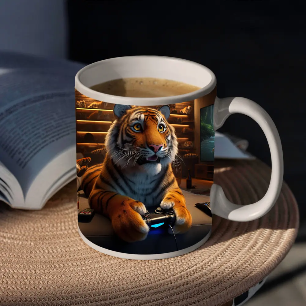Tiger Gaming on Couch Cozy Room – Mugs