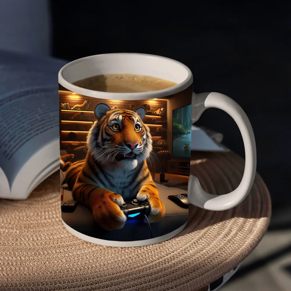 Tiger Gaming on Couch Cozy Room – Mugs