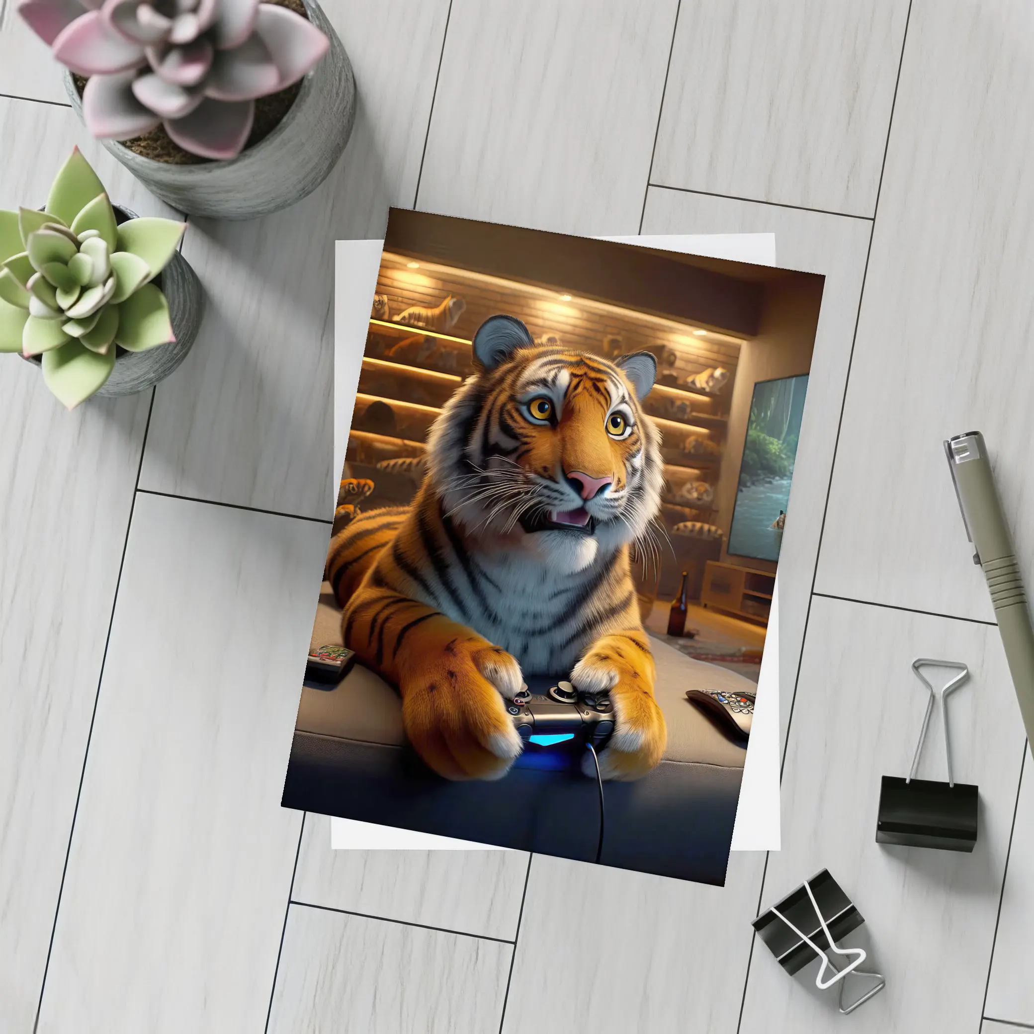 Tiger Gaming on Couch Cozy Room – Postcards