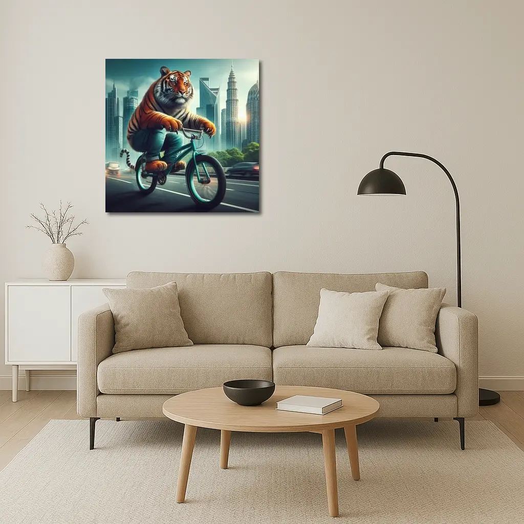 Tiger Riding Bicycle City Skyline Art – Wall Art